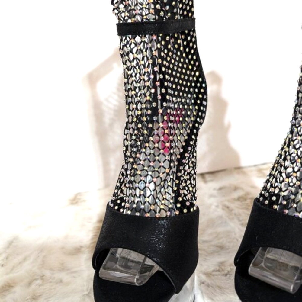 Golden Bulls Black Mesh Rhinestone Clear 6" Platform High Heels - Picture 10 of 10